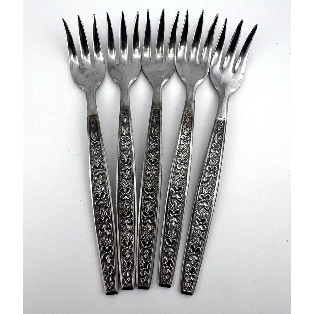 Vtg ROGERS Stainless 5pc Appetizer Hors D'oeuvre Seafood Forks Japan Floral